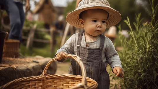 牛仔吊带摄影照片_户外幼儿的肖像农村场景,岁的小男孩戴着草帽野餐篮