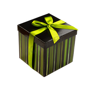 丝带盒摄影照片_有绿色丝带的礼物盒