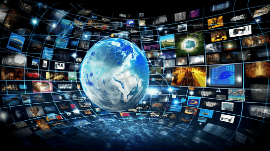 创意抽象数字多媒体娱乐和电视广播互联网商业概念智能电视显示屏幕配有白色背景孤立的彩网络界面产生反射效果