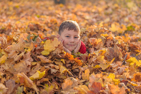 小男孩躲在公园落下的秋黄树叶中