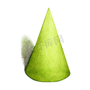 绿色锥体，基本几何形状，具有水彩风格的戏剧性光影。