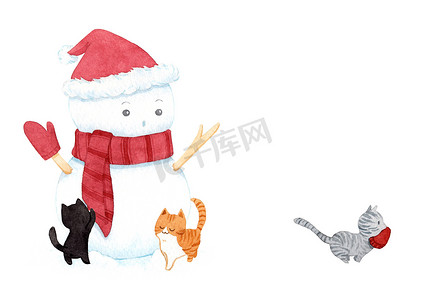 可爱的圣诞雪人戴着帽子和围巾，白色背景上有猫。