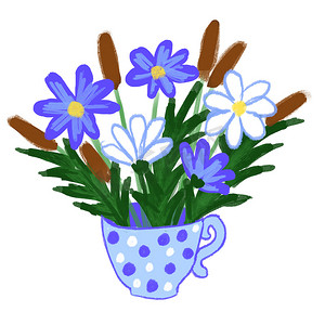 蓝色手绘鲜花摄影照片_杯中蓝色野花的手绘插图。