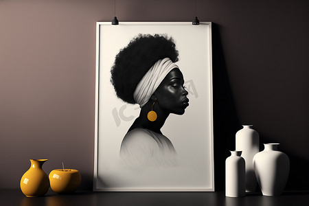 装饰网页摄影照片_非裔美国女性面部原创艺术当代绘画肖像，非常适合室内设计、页面装饰、网页等