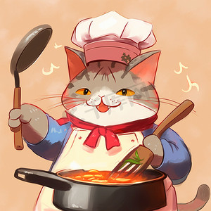 厨师的猫戴着厨师帽的卡通形象，他在厨房里做饭，卡通