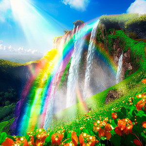 与彩虹和瀑布的夏天风景