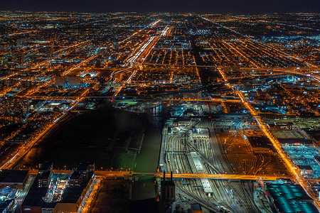美国a摄影照片_芝加哥都市风景摩天大楼鸟瞰图在蓝天下a