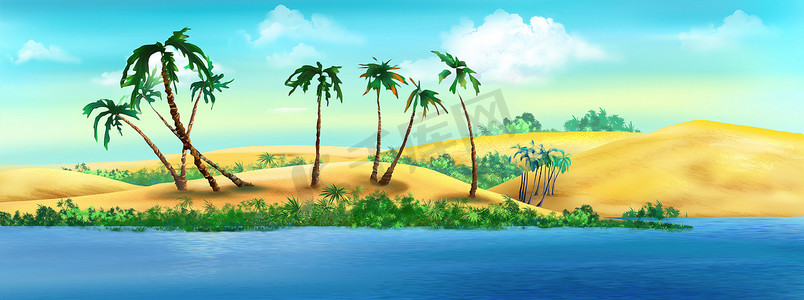 插画棕榈树摄影照片_河岸上的棕榈树插画