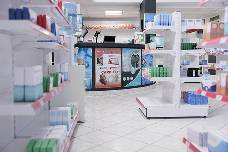 药房连锁摄影照片_保健药店货架上摆满了药品和药物