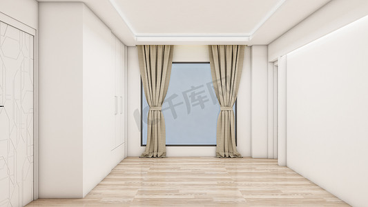空房间和客厅现代风格的室内设计与窗户或门和木地板。 