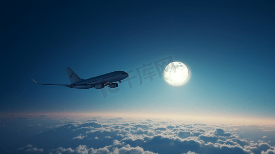 在天空中飞行的飞机，背景是半月