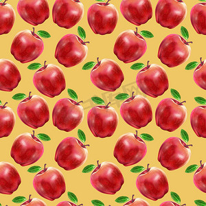 插图现实主义无缝图案水果苹果红色黄色背景