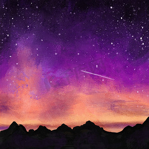 夜空山脉流星的手绘插图。