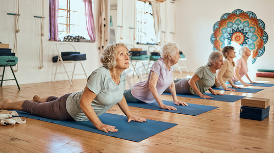 瑜伽、运动和老年妇女在禅宗工作室为平衡、和平和健康而伸展。