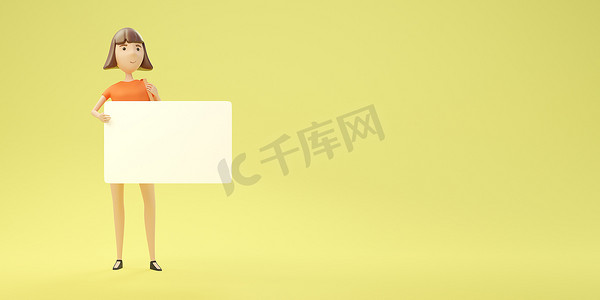 性格年轻漂亮的女人拿着黄色横幅背景上的空白纸，上面有复制空间。3d 模型和插图。