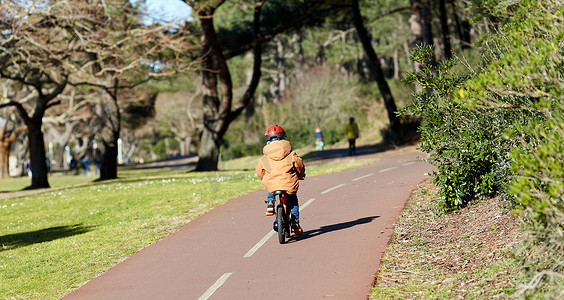 在自行车道上骑自行车的年轻男孩