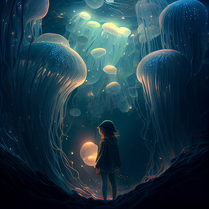 一个女孩站在一群飞翔的水母周围
