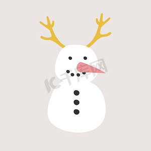 创意手绘圣诞贺卡，上面有带角的滑稽微笑雪人