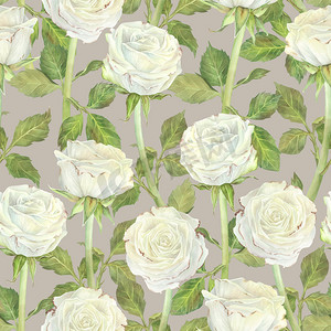 白玫瑰和树叶的无缝图案对冲。