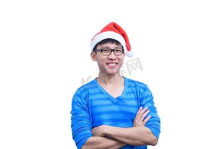 戴眼镜和蓝色衬衫的亚裔圣诞老人非常哈哈