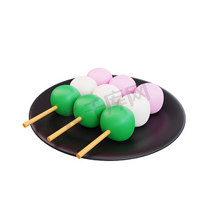 绿色食物插图摄影照片_亚洲食品 dango、日本食品的 3d 插图