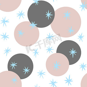 手绘无缝图案与灰色米色圆圈蓝色雪 snowsflakes 在白色背景上。