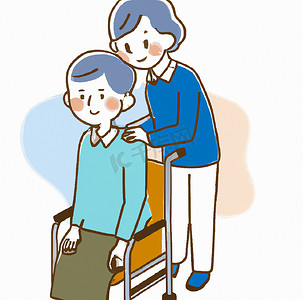 轮椅长期护理老年助手，医疗概念设计与护士和病人 ilustration 在时尚的扁平风格隔离在白色背景，长期护理中的男性和女性依偎在轮椅上的老年妇女