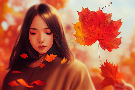 手绘眼睛手摄影照片_手绘美丽的年轻女子与秋天的叶子 高质量的二维插图。