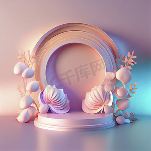 粉色展台摄影照片_带花卉装饰的产品展台的 3d 插图