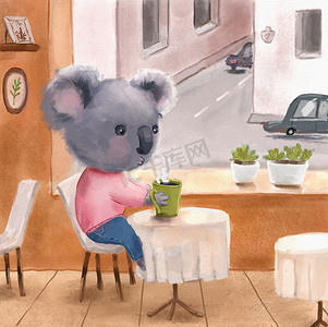 角色坐摄影照片_穿着衣服的可爱考拉角色坐在咖啡馆的桌子旁喝热咖啡。