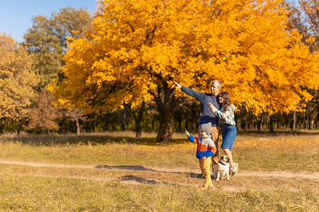 一个有小孩和狗的年轻家庭一起在秋季公园散步