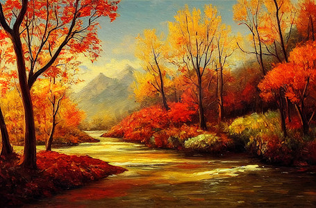 油油画摄影照片_美丽的秋天风景、森林、山和的原始油画