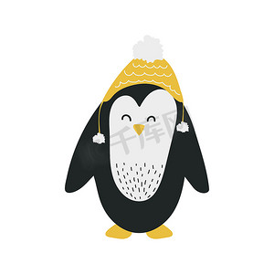企鹅矢量摄影照片_戴着冬帽的可爱企鹅。