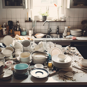 囤积摄影照片_强迫性囤积综合症——凌乱的厨房里有一堆脏盘子