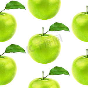 插图现实主义无缝图案水果苹果绿色白色孤立背景