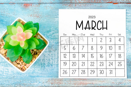 2023 年 3 月的月历，木质背景上有花盆。