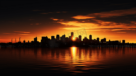 日落时靠近水体的城市建筑的轮廓