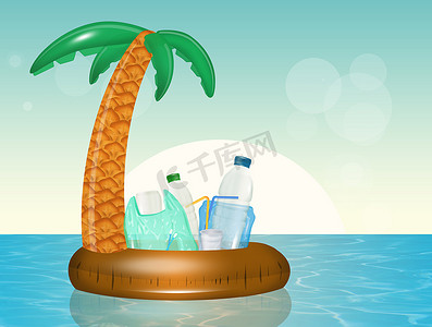 插画棕榈树摄影照片_海洋塑料污染搞笑插画