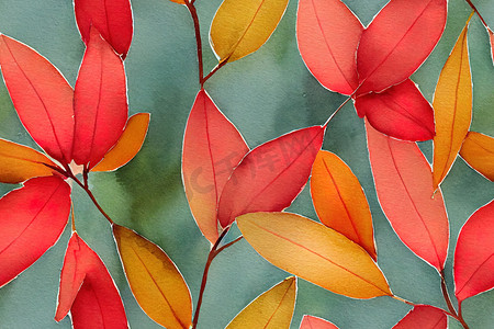 水彩红色叶子摄影照片_罗文浆果、花朵和叶子的水彩无缝图案。