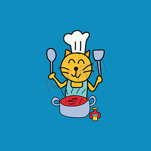 手绘黄色可爱猫咪戴白色厨师帽煮红番茄汤