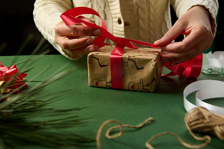 特写女人用带有鹿图案的包装纸包裹圣诞礼物。