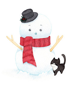 圣诞白色背景摄影照片_可爱的圣诞雪人戴着帽子和围巾，白色背景上有猫。