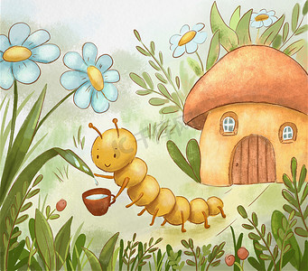 手绘可爱房屋摄影照片_可爱的黄色毛毛虫从草丛中房子旁边的花中倒出露珠。