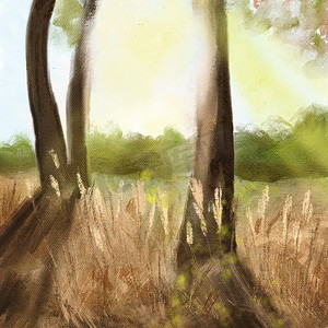手绘油画插图秋天秋天黄色树叶在公园森林木材。