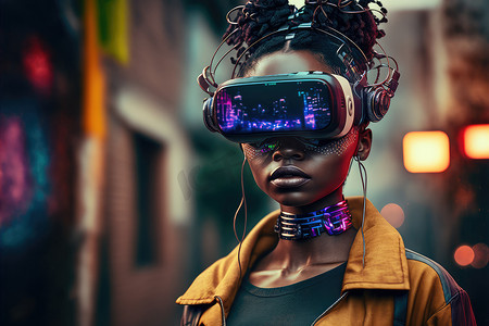 非洲女性戴着虚拟现实护目镜站在虚拟世界背景中