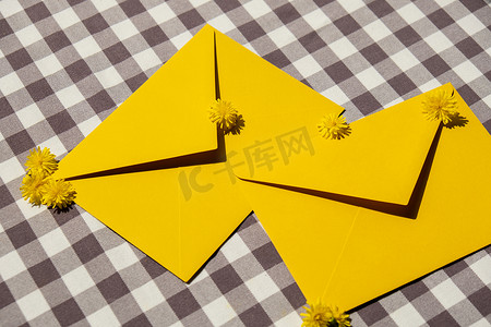 两个邮政黄色信封上美丽的黄色洋甘菊小雏菊花，空白的纸条复制空间，用于文本，春天，节日贺卡。