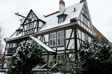 下雪别墅摄影照片_冬天美丽的传统乡间别墅。
