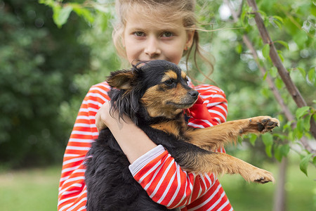 女童户外抱狗，小主人与宠物的友情与爱情。
