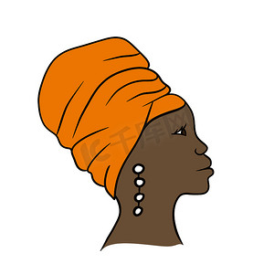 手绘插图的黑色非洲裔美国妇女与橙色民族传统头巾包裹头饰围巾。