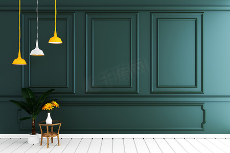 深绿色装饰摄影照片_空荡荡的豪华室内，白色木质上有深绿色的墙壁